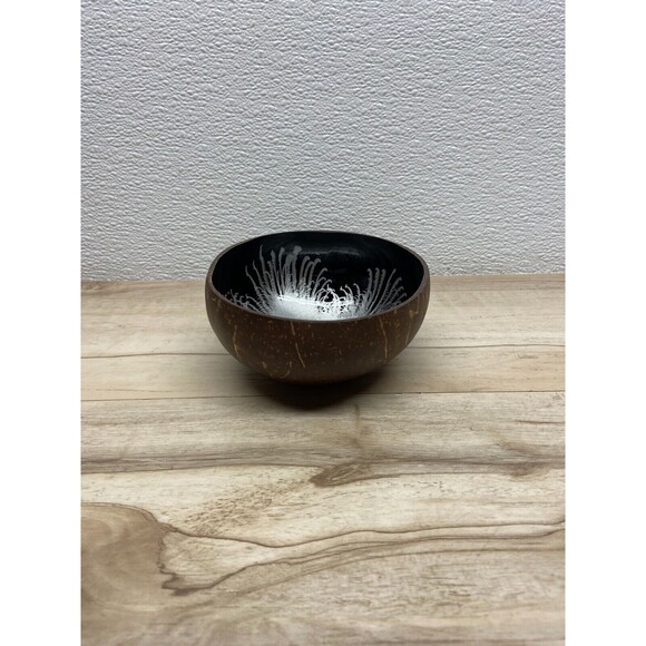 Coconut Shell Bowl Silver And Black Splash Hand Made And Painted - Picture 2 of 5